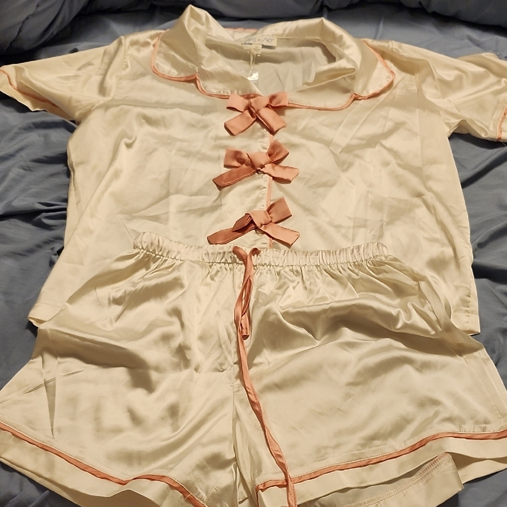 She + Sky Satin Pajama Set with Pink Accents